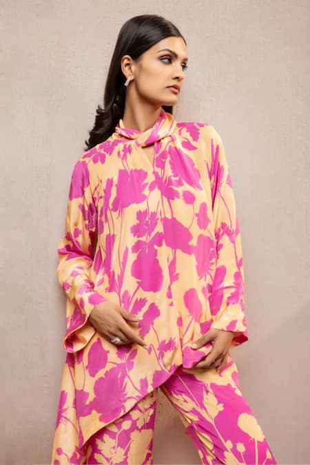Shop Dohr India Pink Crepe Collared Floral Print Asymmetric Tunic And Pant Set Online at Aza Fashions Shop_Dohr India_Pink Crepe Collared Floral Print Asymmetric Tunic And Pant Set _Online_at_Aza_Fashions