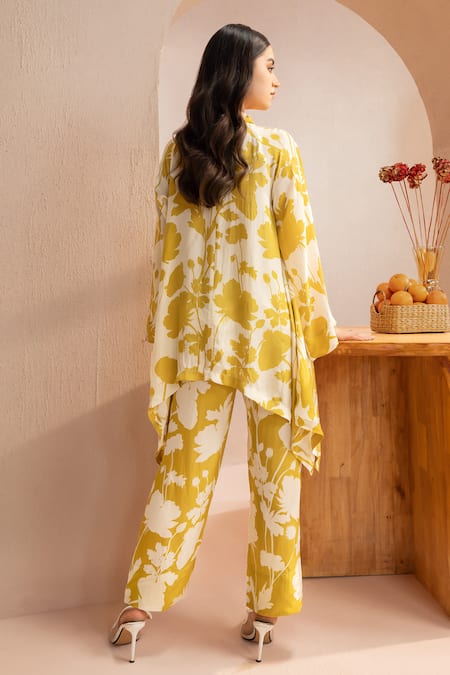 Shop Dohr India Green Crepe Bandeau Neck Floral Print Asymmetric Tunic With Straight Pant at Aza Fashions Shop_Dohr India_Green Crepe Bandeau Neck Floral Print Asymmetric Tunic With Straight Pant _at_Aza_Fashions