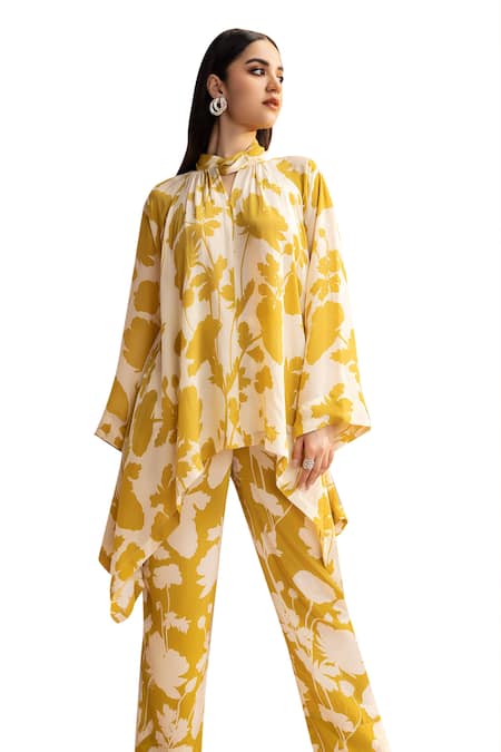 Buy Dohr India Green Crepe Bandeau Neck Floral Print Asymmetric Tunic With Straight Pant Online at Aza Fashions Buy_Dohr India_Green Crepe Bandeau Neck Floral Print Asymmetric Tunic With Straight Pant _Online_at_Aza_Fashions