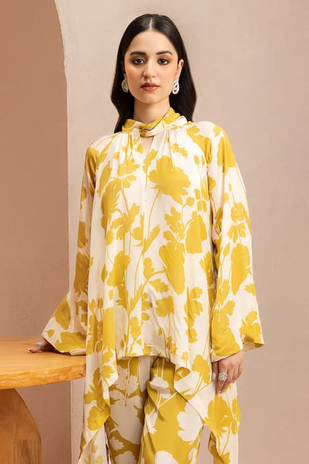 Dohr India Green Crepe Bandeau Neck Floral Print Asymmetric Tunic With Straight Pant at Aza Fashions Dohr India_Green Crepe Bandeau Neck Floral Print Asymmetric Tunic With Straight Pant _at_Aza_Fashions