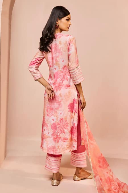 Shop Dohr India Pink Modal, Viscose, Cotton, Silk Juhi Floral Print Straight Kurta And Palazzo Set at Aza Fashions Shop_Dohr India_Pink Modal, Viscose, Cotton, Silk Juhi Floral Print Straight Kurta And Palazzo Set _at_Aza_Fashions