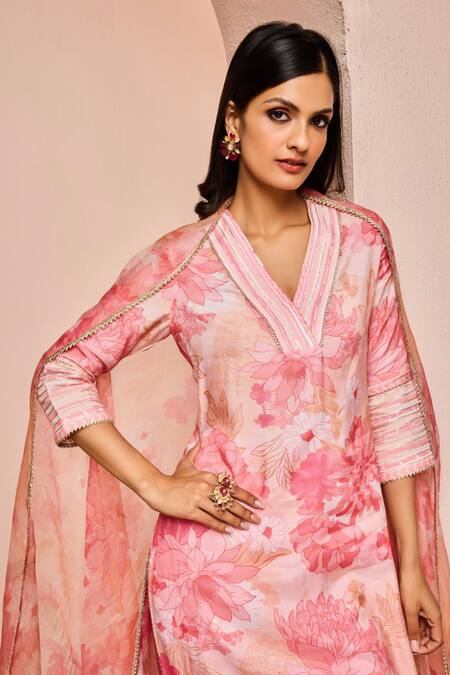 Dohr India Pink Modal, Viscose, Cotton, Silk Juhi Floral Print Straight Kurta And Palazzo Set Online at Aza Fashions Dohr India_Pink Modal, Viscose, Cotton, Silk Juhi Floral Print Straight Kurta And Palazzo Set _Online_at_Aza_Fashions