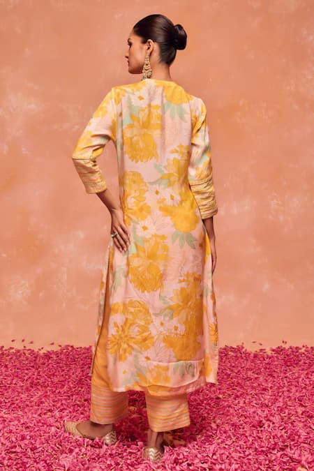 Shop Dohr India Yellow Modal, Viscose, Cotton, Silk Juhi Floral Straight Kurta And Palazzo Set at Aza Fashions Shop_Dohr India_Yellow Modal, Viscose, Cotton, Silk Juhi Floral Straight Kurta And Palazzo Set _at_Aza_Fashions