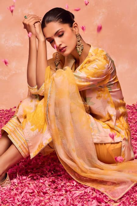 Shop Dohr India Yellow Modal, Viscose, Cotton, Silk Juhi Floral Straight Kurta And Palazzo Set Online at Aza Fashions Shop_Dohr India_Yellow Modal, Viscose, Cotton, Silk Juhi Floral Straight Kurta And Palazzo Set _Online_at_Aza_Fashions