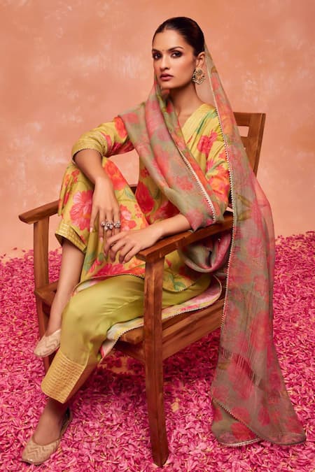 Shop Dohr India Green Modal, Viscose, Cotton, Silk Juhi Straight Kurta And Palazzo Set Online at Aza Fashions Shop_Dohr India_Green Modal, Viscose, Cotton, Silk Juhi Straight Kurta And Palazzo Set _Online_at_Aza_Fashions