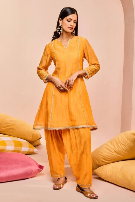 Dohr India Orange Cotton, Silk Gota Patti, Lace Split Rumi Embroidered Kurta And Salwar Set Online at Aza Fashions Dohr India_Orange Cotton, Silk Gota Patti, Lace Split Rumi Embroidered Kurta And Salwar Set _Online_at_Aza_Fashions