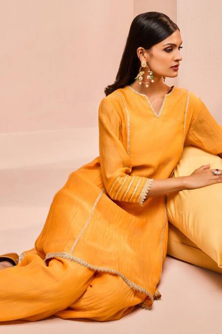 Shop Dohr India Orange Cotton, Silk Gota Patti, Lace Split Rumi Embroidered Kurta And Salwar Set Online at Aza Fashions Shop_Dohr India_Orange Cotton, Silk Gota Patti, Lace Split Rumi Embroidered Kurta And Salwar Set _Online_at_Aza_Fashions