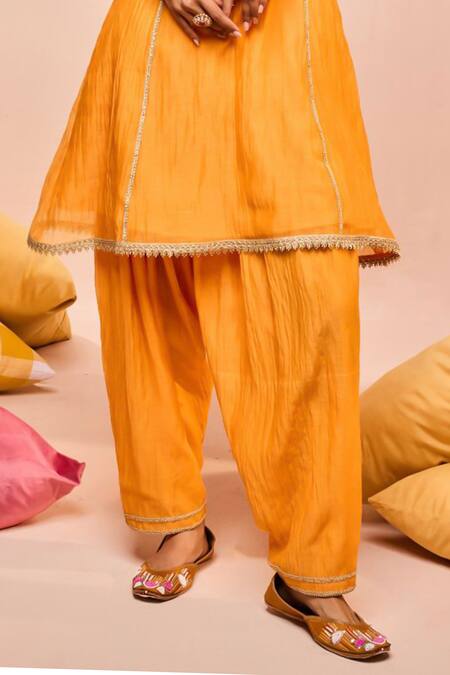 Dohr India Orange Cotton, Silk Gota Patti, Lace Split Rumi Embroidered Kurta And Salwar Set at Aza Fashions Dohr India_Orange Cotton, Silk Gota Patti, Lace Split Rumi Embroidered Kurta And Salwar Set _at_Aza_Fashions