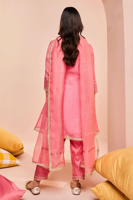 Shop Dohr India Pink Cotton, Silk Gota Patti, Lace Rumi Embroidered A-line Kurta And Salwar Set at Aza Fashions Shop_Dohr India_Pink Cotton, Silk Gota Patti, Lace Rumi Embroidered A-line Kurta And Salwar Set _at_Aza_Fashions