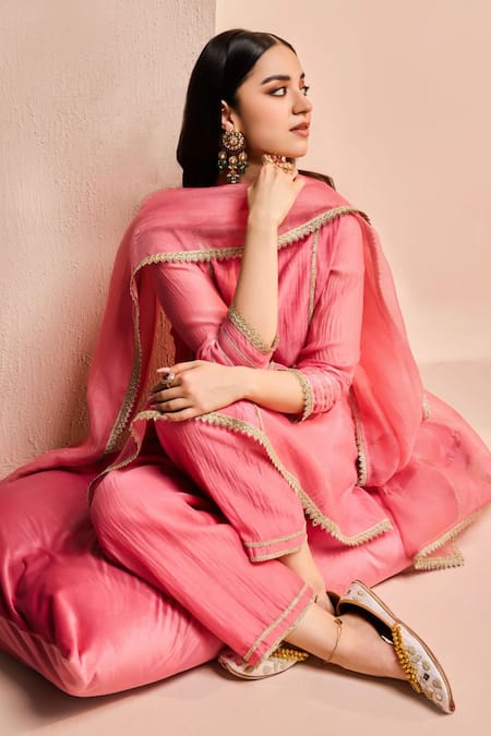 Dohr India Pink Cotton, Silk Gota Patti, Lace Rumi Embroidered A-line Kurta And Salwar Set Online at Aza Fashions Dohr India_Pink Cotton, Silk Gota Patti, Lace Rumi Embroidered A-line Kurta And Salwar Set _Online_at_Aza_Fashions