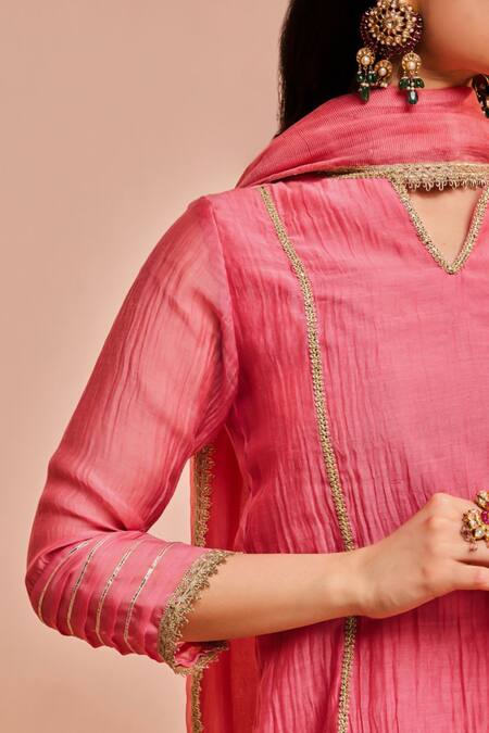 Shop Dohr India Pink Cotton, Silk Gota Patti, Lace Rumi Embroidered A-line Kurta And Salwar Set Online at Aza Fashions Shop_Dohr India_Pink Cotton, Silk Gota Patti, Lace Rumi Embroidered A-line Kurta And Salwar Set _Online_at_Aza_Fashions