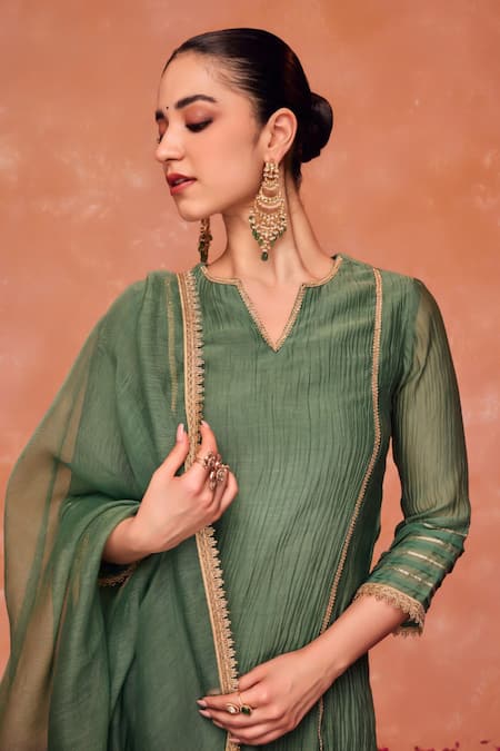 Dohr India_Green Cotton, Silk Gota Patti, Embroidery V-neck Rumi Short Kurta And Salwar Set _Online_at_Aza_Fashions