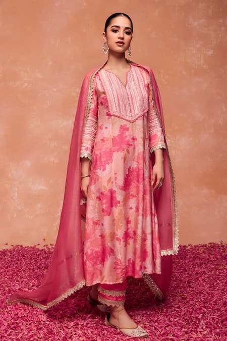 Dohr India Pink Kurta Modal Viscose (57% Bahara Gota Embroidered A-line And Palazzo Set 