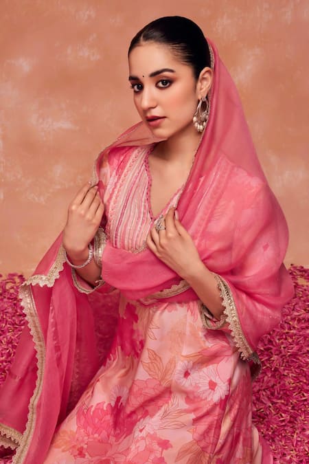 Shop Dohr India Pink Modal, Cotton, Viscose, Silk Bahara A-line Kurta And Palazzo Set Online at Aza Fashions Shop_Dohr India_Pink Modal, Cotton, Viscose, Silk Bahara A-line Kurta And Palazzo Set _Online_at_Aza_Fashions