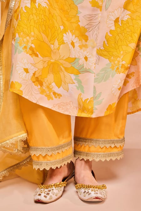 Buy_Dohr India_Yellow Modal, Viscose, Cotton, Silk Bahara Floral A-line Kurta And Palazzo Set _Online_at_Aza_Fashions