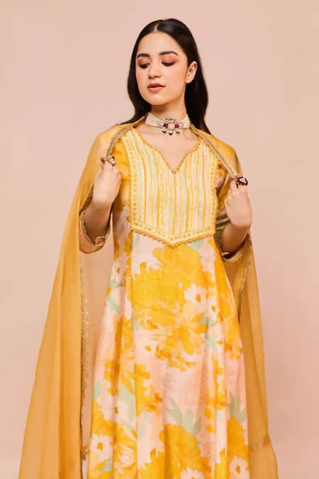 Shop_Dohr India_Yellow Modal, Viscose, Cotton, Silk Bahara Floral A-line Kurta And Palazzo Set _Online_at_Aza_Fashions