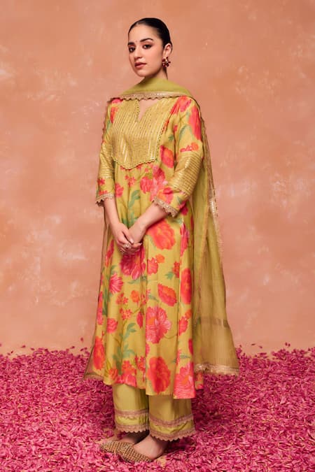 Dohr India_Green Modal, Viscose, Cotton, Bahara Floral Print A-line Kurta And Palazzo Set _Online_at_Aza_Fashions