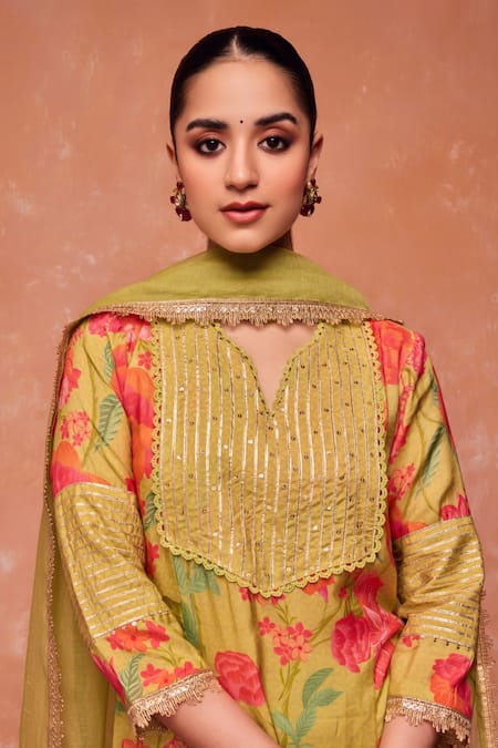 Buy_Dohr India_Green Modal, Viscose, Cotton, Bahara Floral Print A-line Kurta And Palazzo Set _Online_at_Aza_Fashions