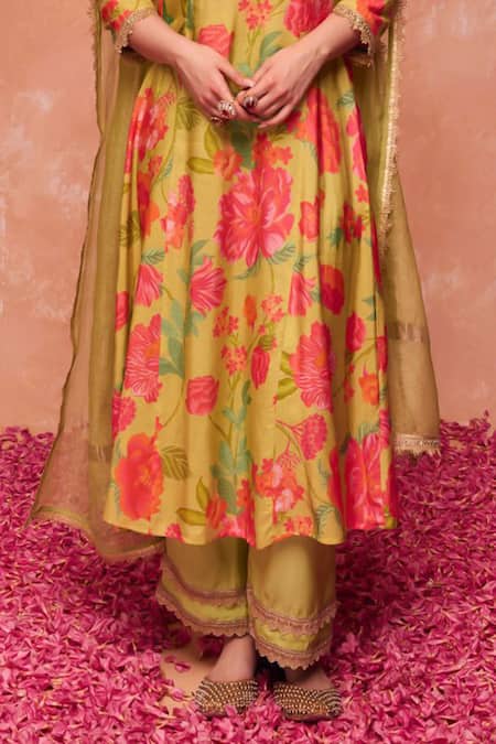Shop_Dohr India_Green Modal, Viscose, Cotton, Bahara Floral Print A-line Kurta And Palazzo Set _Online_at_Aza_Fashions