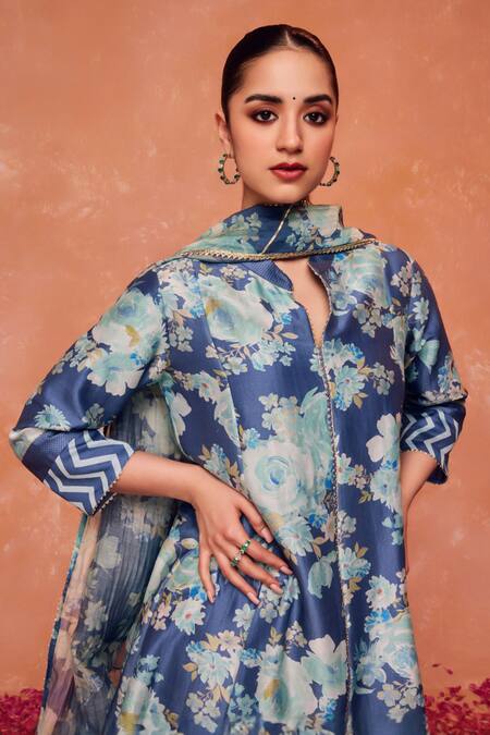 Dohr India Blue , Cotton, Satin Gulnaz Floral Print A-line Kurta And Pant Set Online at Aza Fashions Dohr India_Blue , Cotton, Satin Gulnaz Floral Print A-line Kurta And Pant Set_Online_at_Aza_Fashions