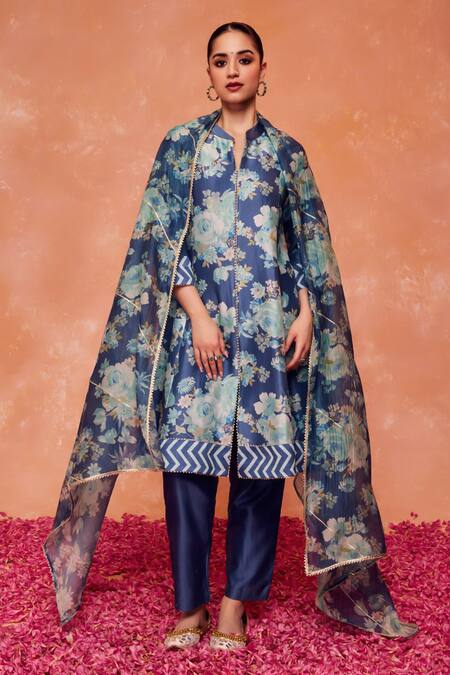 Buy Dohr India Blue , Cotton, Satin Gulnaz Floral Print A-line Kurta And Pant Set Online at Aza Fashions Buy_Dohr India_Blue , Cotton, Satin Gulnaz Floral Print A-line Kurta And Pant Set_Online_at_Aza_Fashions