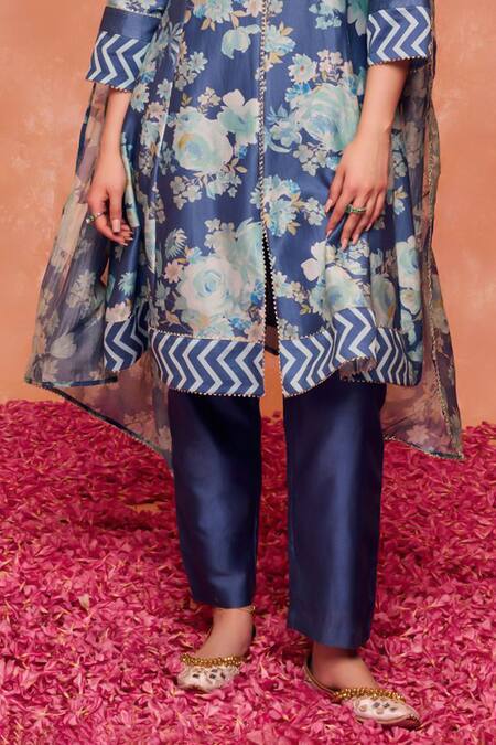 Shop Dohr India Blue , Cotton, Satin Gulnaz Floral Print A-line Kurta And Pant Set Online at Aza Fashions Shop_Dohr India_Blue , Cotton, Satin Gulnaz Floral Print A-line Kurta And Pant Set_Online_at_Aza_Fashions