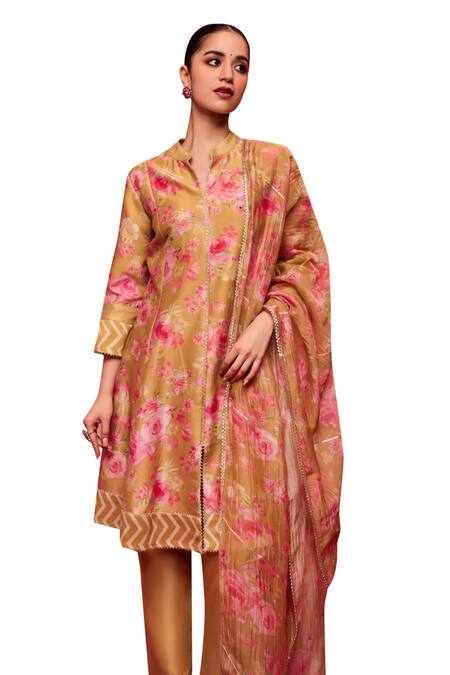 Dohr India_Green , Cotton, Organza Gulnaz Floral A-line Kurta And Pant Set_Online_at_Aza_Fashions