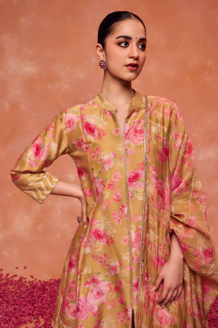 Buy_Dohr India_Green , Cotton, Organza Gulnaz Floral A-line Kurta And Pant Set_Online_at_Aza_Fashions