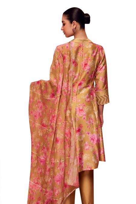 Shop_Dohr India_Green , Cotton, Organza Gulnaz Floral A-line Kurta And Pant Set_Online_at_Aza_Fashions