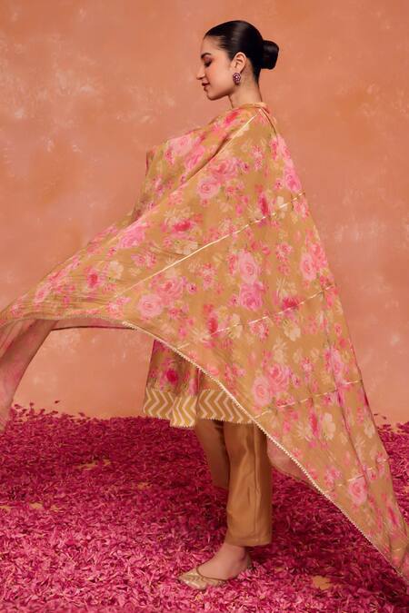 Dohr India_Green , Cotton, Organza Gulnaz Floral A-line Kurta And Pant Set_at_Aza_Fashions