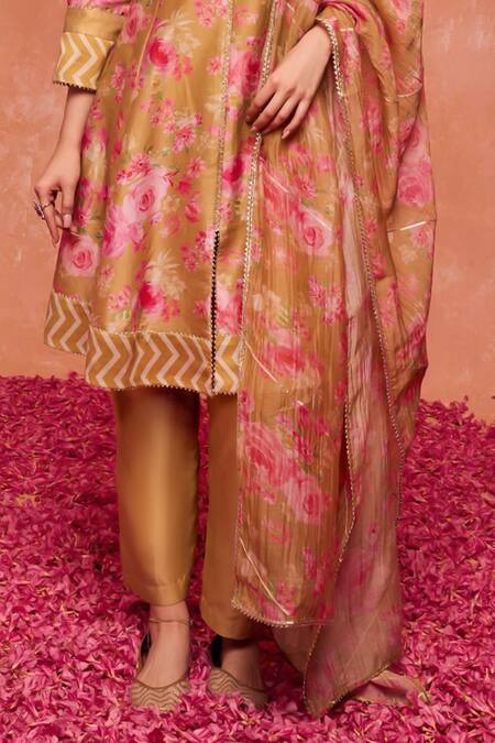 Buy_Dohr India_Green , Cotton, Organza Gulnaz Floral A-line Kurta And Pant Set