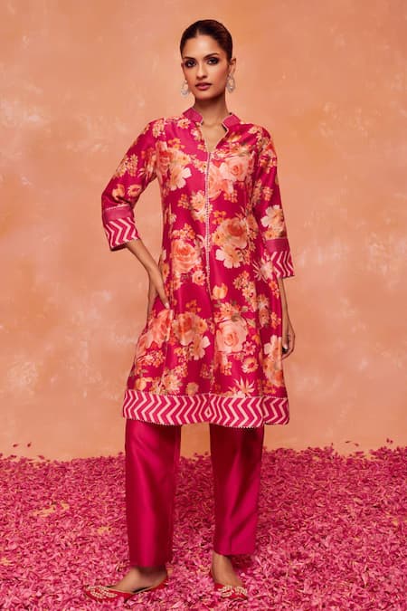 Buy Dohr India Pink , Cotton, Organza Embroidery, Gulnaz A-line Kurta And Pant Set Online at Aza Fashions Buy_Dohr India_Pink , Cotton, Organza Embroidery, Gulnaz A-line Kurta And Pant Set_Online_at_Aza_Fashions