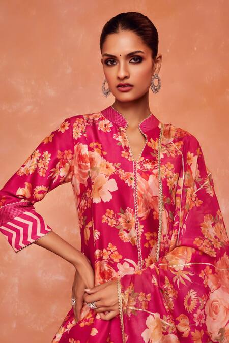 Shop Dohr India Pink , Cotton, Organza Embroidery, Gulnaz A-line Kurta And Pant Set Online at Aza Fashions Shop_Dohr India_Pink , Cotton, Organza Embroidery, Gulnaz A-line Kurta And Pant Set_Online_at_Aza_Fashions