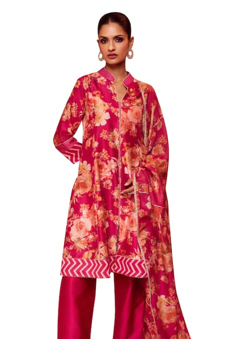 Dohr India Pink , Cotton, Organza Embroidery, Gulnaz A-line Kurta And Pant Set at Aza Fashions Dohr India_Pink , Cotton, Organza Embroidery, Gulnaz A-line Kurta And Pant Set_at_Aza_Fashions