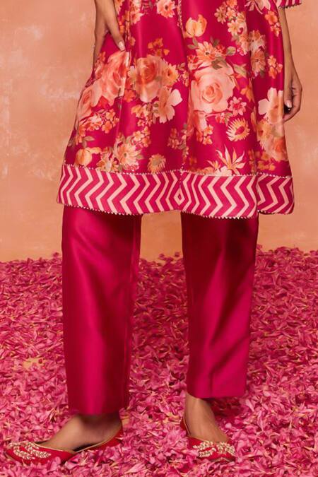 Shop Dohr India Pink , Cotton, Organza Embroidery, Gulnaz A-line Kurta And Pant Set Shop_Dohr India_Pink , Cotton, Organza Embroidery, Gulnaz A-line Kurta And Pant Set