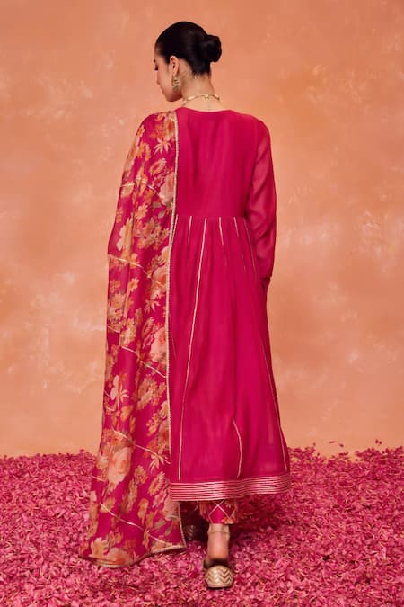 Shop Dohr India Pink Cotton, Silk, Modal, Viscose Embroidery, Floral Anarkali And Palazzo Set at Aza Fashions Shop_Dohr India_Pink Cotton, Silk, Modal, Viscose Embroidery, Floral Anarkali And Palazzo Set _at_Aza_Fashions