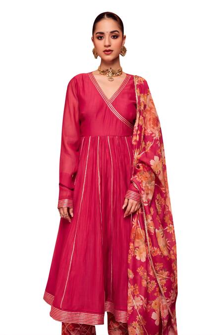 Shop Dohr India Pink Cotton, Silk, Modal, Viscose Embroidery, Floral Anarkali And Palazzo Set Online at Aza Fashions Shop_Dohr India_Pink Cotton, Silk, Modal, Viscose Embroidery, Floral Anarkali And Palazzo Set _Online_at_Aza_Fashions