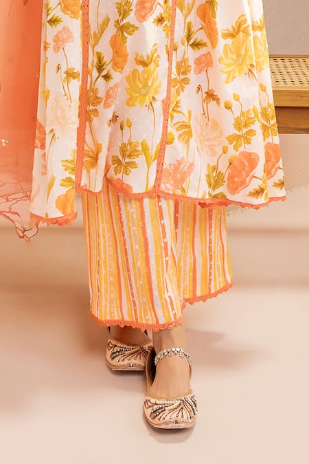 Dohr India_Orange Cotton, Kota Doria, Silk Embroidery, Lace A-line Floral Print Kurta Set _Online_at_Aza_Fashions