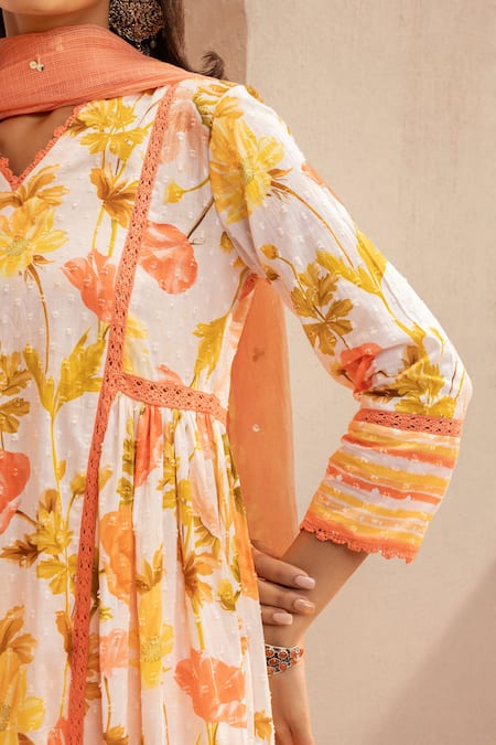 Buy_Dohr India_Orange Cotton, Kota Doria, Silk Embroidery, Lace A-line Floral Print Kurta Set _Online_at_Aza_Fashions