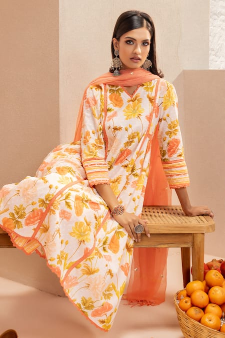Shop_Dohr India_Orange Cotton, Kota Doria, Silk Embroidery, Lace A-line Floral Print Kurta Set _Online_at_Aza_Fashions