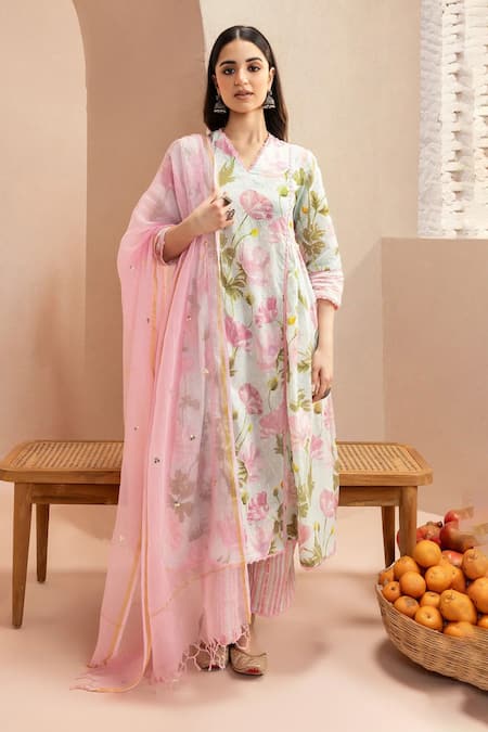 Dohr India A-line Floral Print Kurta Pant Set 