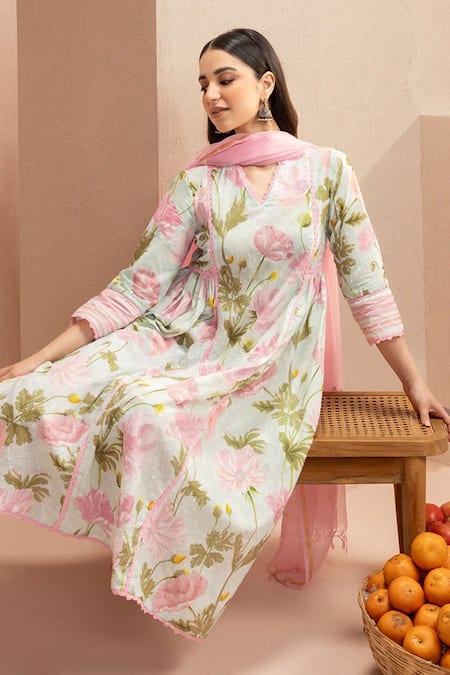 Shop Dohr India Pink , Kota Doria, Satin, Silk A-line Floral Print Kurta Pant Set at Aza Fashions Shop_Dohr India_Pink , Kota Doria, Satin, Silk A-line Floral Print Kurta Pant Set _at_Aza_Fashions