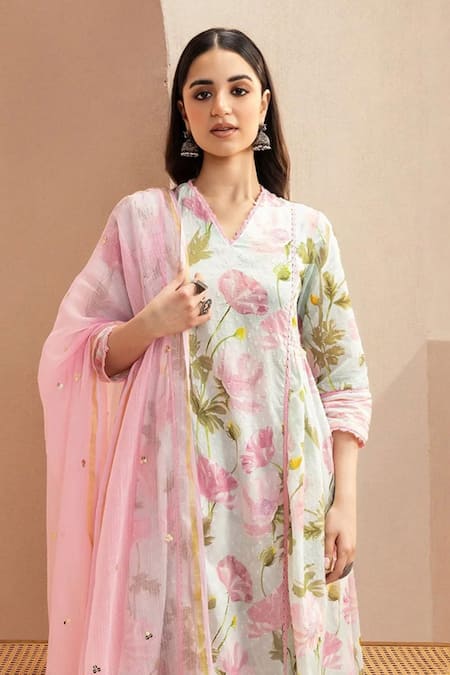 Dohr India Pink , Kota Doria, Satin, Silk A-line Floral Print Kurta Pant Set Online at Aza Fashions Dohr India_Pink , Kota Doria, Satin, Silk A-line Floral Print Kurta Pant Set _Online_at_Aza_Fashions
