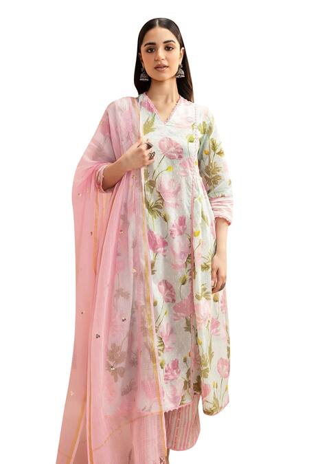 Buy Dohr India Pink , Kota Doria, Satin, Silk A-line Floral Print Kurta Pant Set Online at Aza Fashions Buy_Dohr India_Pink , Kota Doria, Satin, Silk A-line Floral Print Kurta Pant Set _Online_at_Aza_Fashions