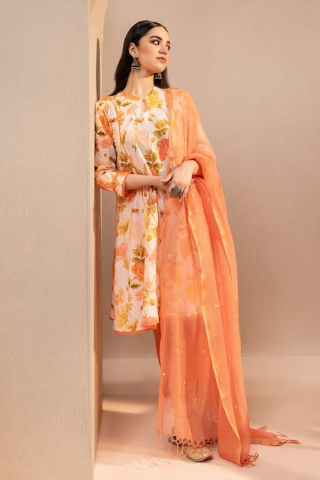 Dohr India Orange Kurta And Pant Cotton Dobby Printed Lace Keyhole A-line Floral Short Set 