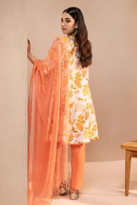 Shop Dohr India Orange Cotton, Kota Doria, Silk Lace, A-line Floral Print Short Kurta Set at Aza Fashions Shop_Dohr India_Orange Cotton, Kota Doria, Silk Lace, A-line Floral Print Short Kurta Set _at_Aza_Fashions