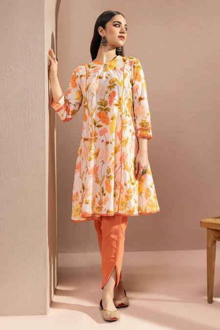 Dohr India Orange Cotton, Kota Doria, Silk Lace, A-line Floral Print Short Kurta Set Online at Aza Fashions Dohr India_Orange Cotton, Kota Doria, Silk Lace, A-line Floral Print Short Kurta Set _Online_at_Aza_Fashions