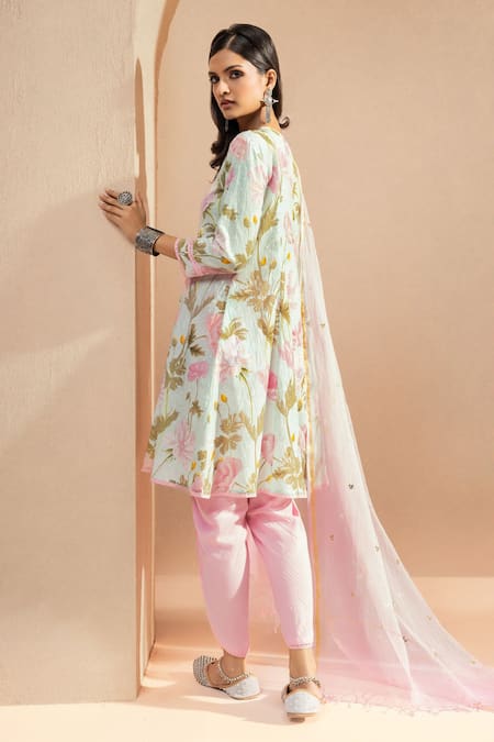 Shop Dohr India Pink Cotton, Kota Doria, Silk A-line Floral Print Short Kurta Tulip Pant Set at Aza Fashions Shop_Dohr India_Pink Cotton, Kota Doria, Silk A-line Floral Print Short Kurta Tulip Pant Set _at_Aza_Fashions