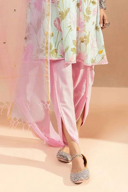 Buy Dohr India Pink Cotton, Kota Doria, Silk A-line Floral Print Short Kurta Tulip Pant Set Online at Aza Fashions Buy_Dohr India_Pink Cotton, Kota Doria, Silk A-line Floral Print Short Kurta Tulip Pant Set _Online_at_Aza_Fashions