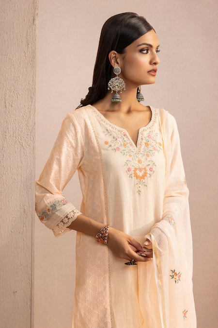 Dohr India Peach Cotton, Kota Doria, Silk Sequins, Lace, Schiffli Kurta Set With Dupatta Online at Aza Fashions Dohr India_Peach Cotton, Kota Doria, Silk Sequins, Lace, Schiffli Kurta Set With Dupatta _Online_at_Aza_Fashions